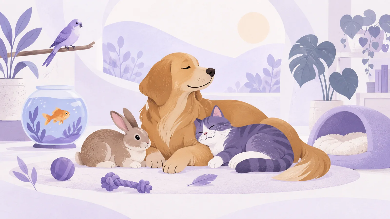 An illustrated scene of dogs, cats and small animals resting together in a calm violet-toned home.